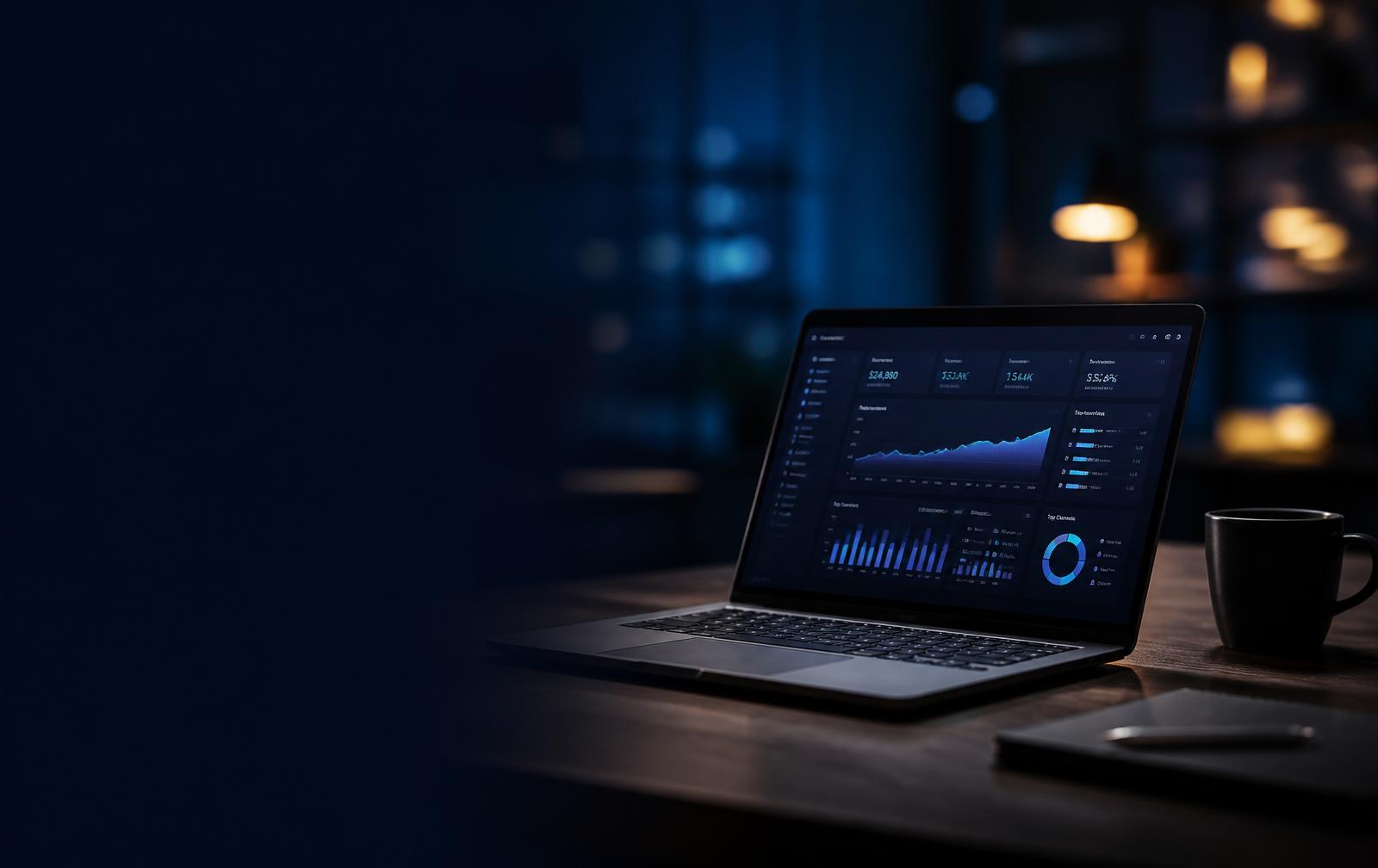 Laptop on a desk showing a live pipeline overview dashboard