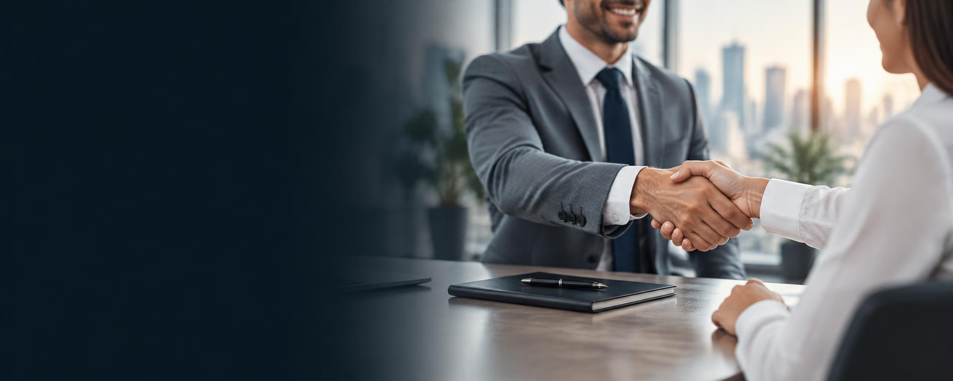 Business professionals exchanging a handshake in a bright office